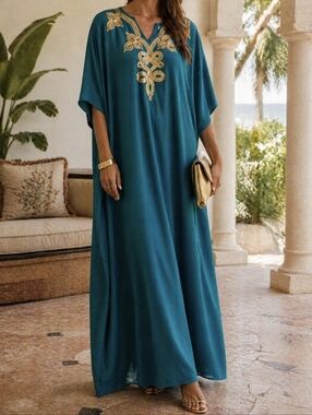 Joan Rivers Embellished Caftan Maxi Dress Teal Gold Luxe Resort Glam L